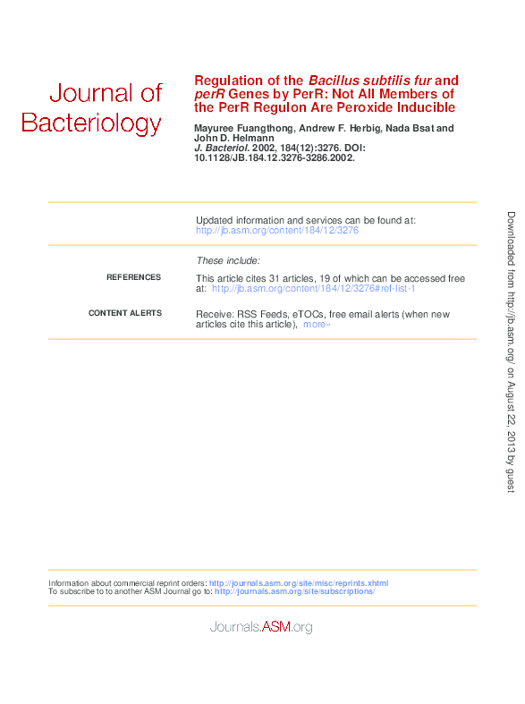 (PDF) Regulation of the Bacillus subtilis fur and perR Genes by PerR ...