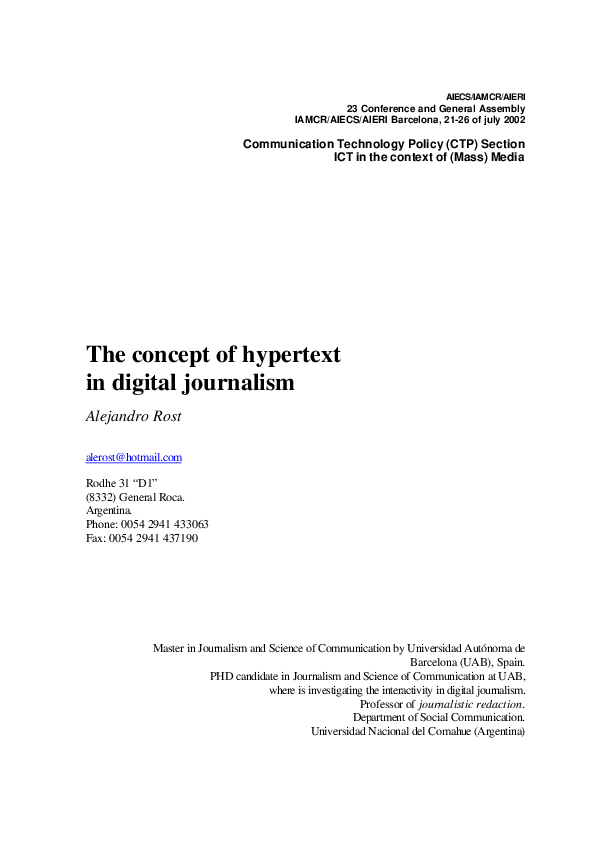 (PDF) The concept of hypertext in digital journalism alejandro rost