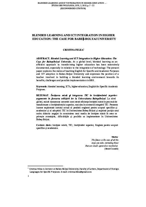 (PDF) Blended Learning and ICT Integration. The Case for Babes-Bolyai ...