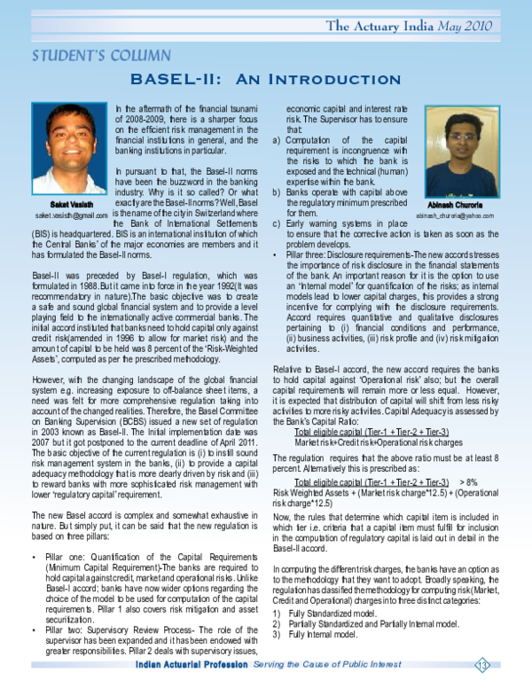 (PDF) BASELII An Introduction Structure of Basel II framework Saket Vasisth Academia.edu