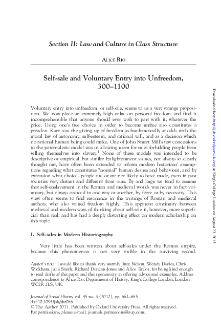 Self-sale and Voluntary Entry into Unfreedom, 300–1100