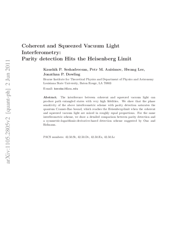 (PDF) Parity detection achieves the Heisenberg limit in interferometry ...