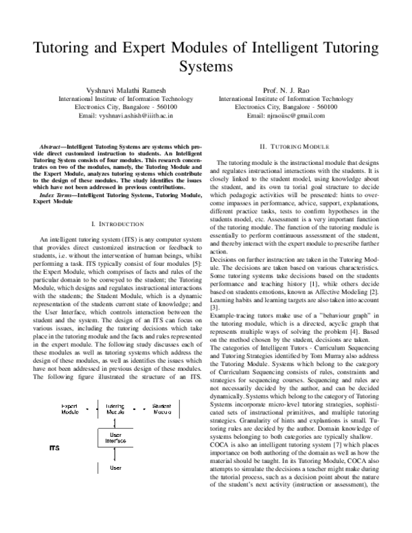 (PDF) Tutoring and Expert Modules of Intelligent Tutoring Systems