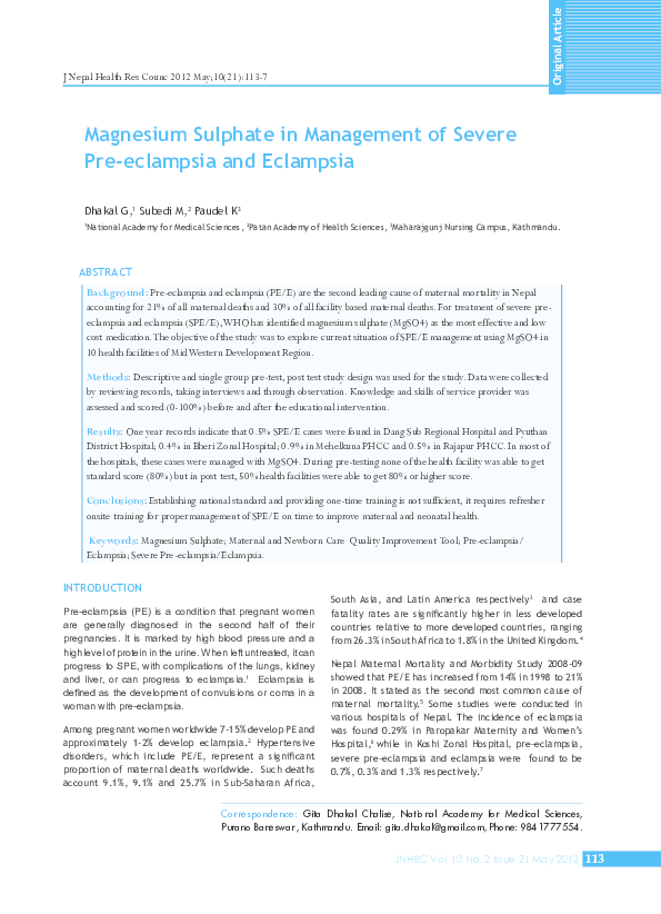 (PDF) Magnesium Sulphate in Management of Severe Pre-eclampsia and ...