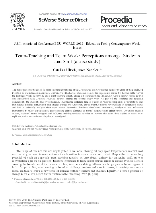 (PDF) Team Teaching and Team Work. Perceptions amongst Students and Staff