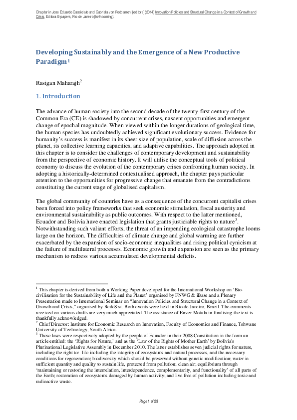 (PDF) Developing Sustainably and the Emergence of a New Productive Paradigm