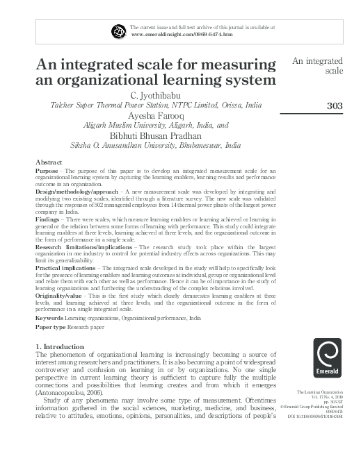 (PDF) An integrated scale for measuring an organizational learning system