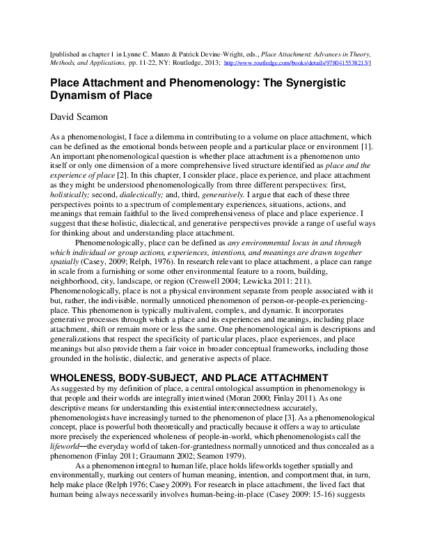 (PDF) Place Attachment and Phenomenology: The Synergistic Dynamism of ...