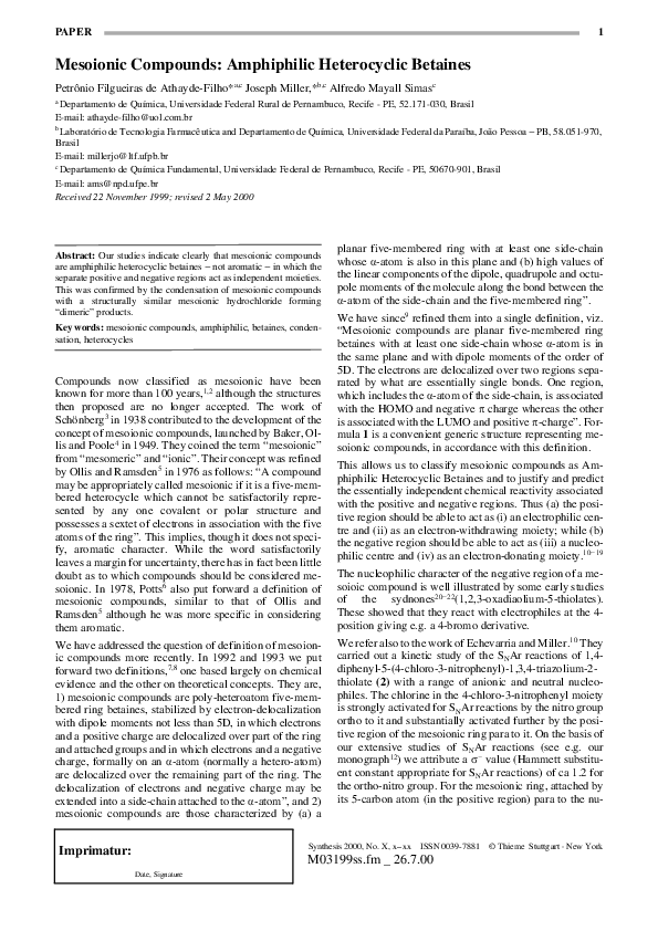 Pdf Mesoionic Compounds Amphiphilic Heterocyclic Betaines Petronio Athayde Filho Academia Edu