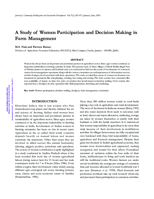(PDF) A Study of Women Participation and Decision Making in Farm Management