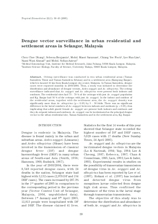 Dengue vector surveillance in urban residential and settlement areas in ...