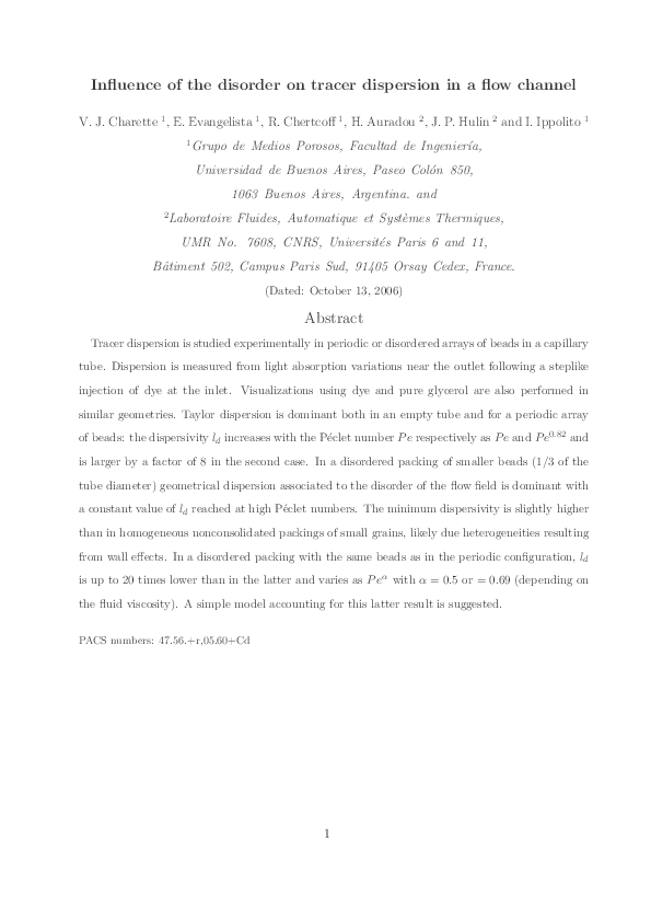 (PDF) Inﬂuence of the disorder on tracer dispersion in a ﬂow channel
