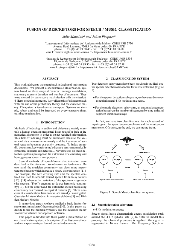 Pdf Fusion Of Descriptors For Speech Music Classification Julien Pinquier Academia Edu
