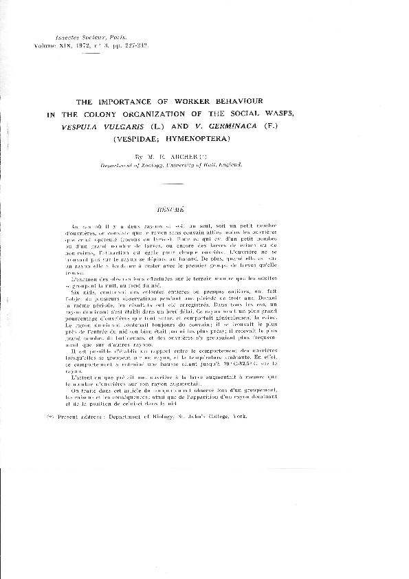 (PDF) The importance of worker behaviour in the colony organisation of ...