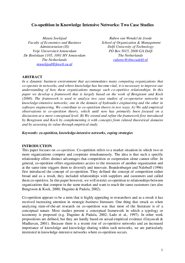 (PDF) Co-opetition in Knowledge Intensive Networks: Two Case Studies