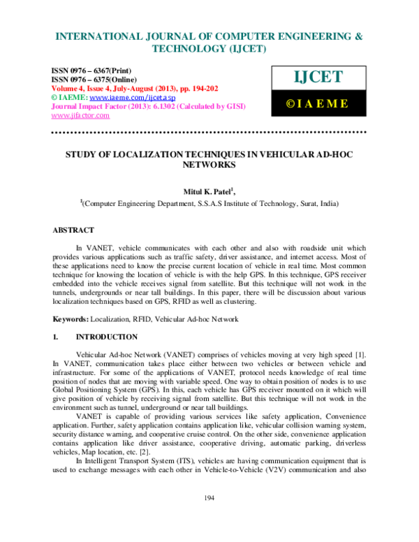 (PDF) STUDY OF LOCALIZATION TECHNIQUES IN VEHICULAR AD HOC NETWORKS