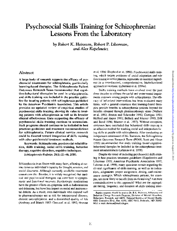 (PDF) Psychosocial Skills Training for Schizophrenia Lessons From the