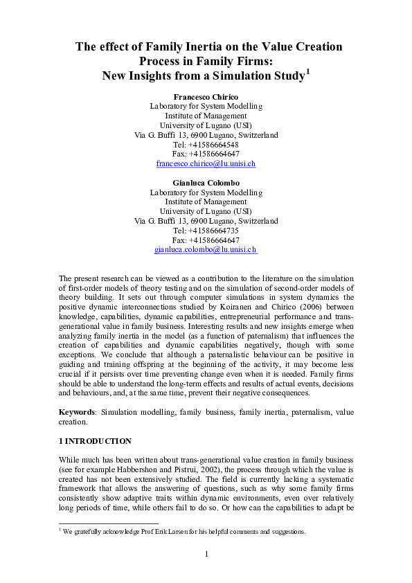  PDF The Effect Of Family Inertia On The Value Creation Process In 