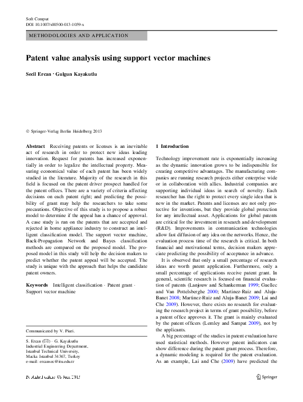 (PDF) Patent value analysis using support vector machines