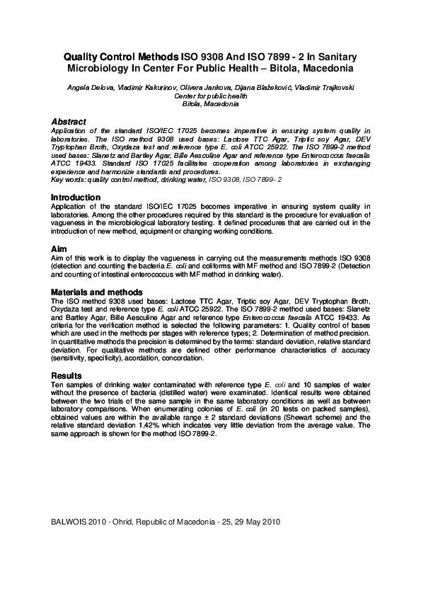 (PDF) Quality Control Methods ISO 9308 And ISO 7899 - 2 In Sanitary ...