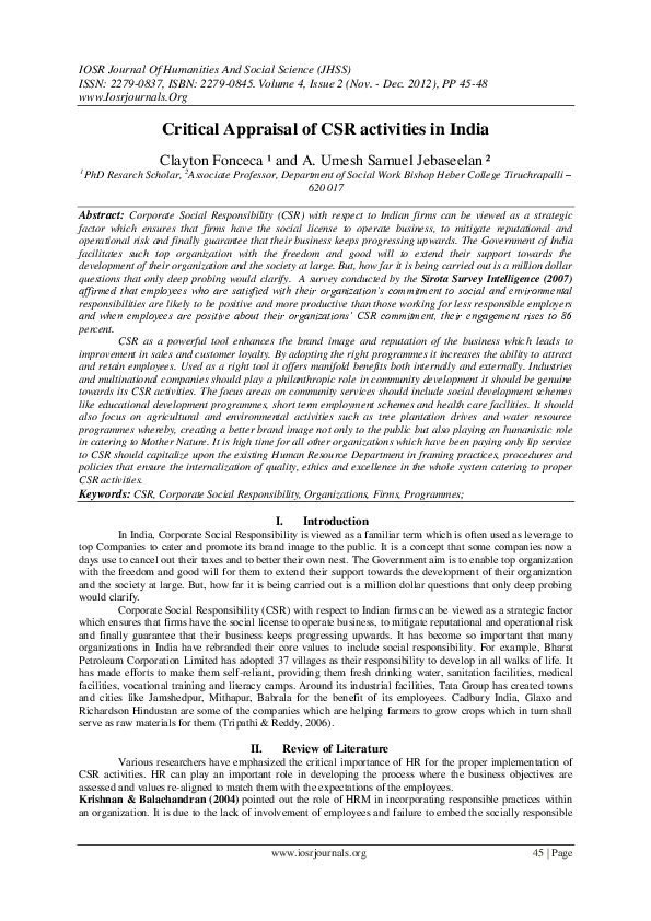 (PDF) CSR in India - A Critical Appraisal