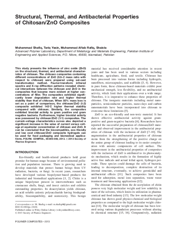 (PDF) Structural, Thermal, and Antibacterial Properties of Chitosan/ZnO ...