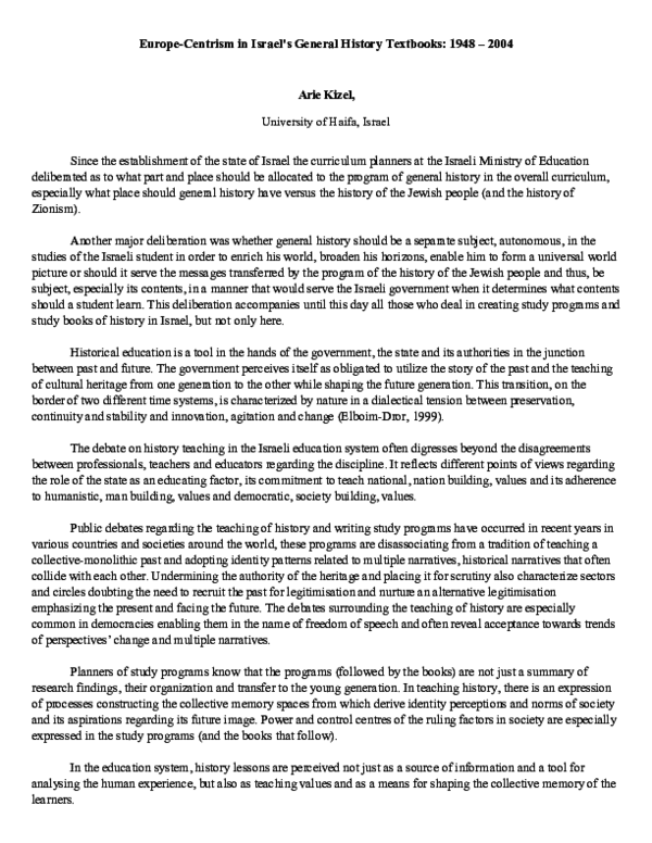 Kizel, Arie (2005). Europe-Centrism in Israel’s General History Textbooks: 1948–2004. Essays in Education 15
