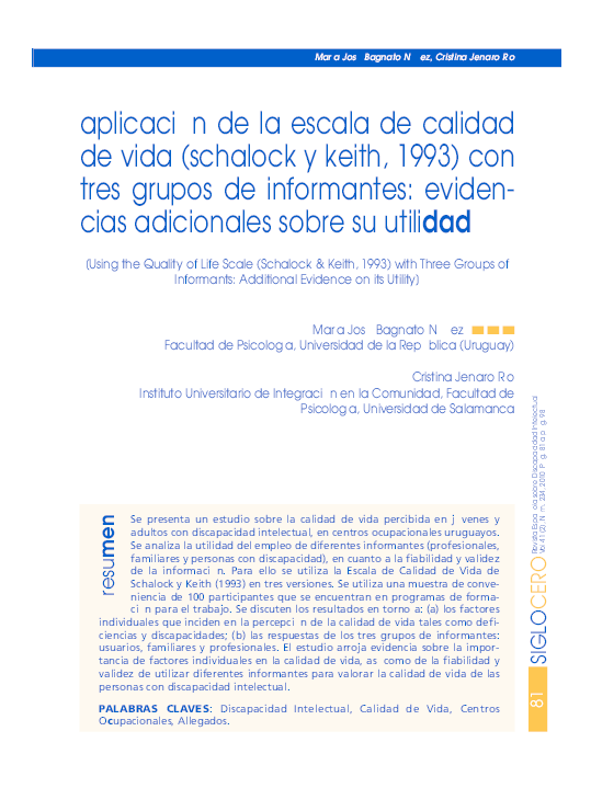 (PDF) aplicación de la escala de calidad de vida (schalock y keith ...