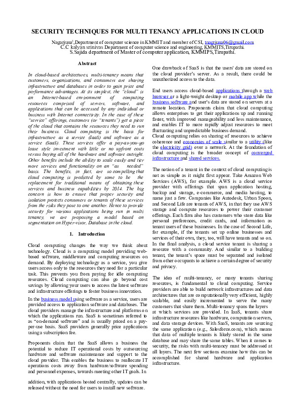 (DOC) SECURITY TECHNIQUES FOR MULTI TENANCY APPLICATIONS IN CLOUD