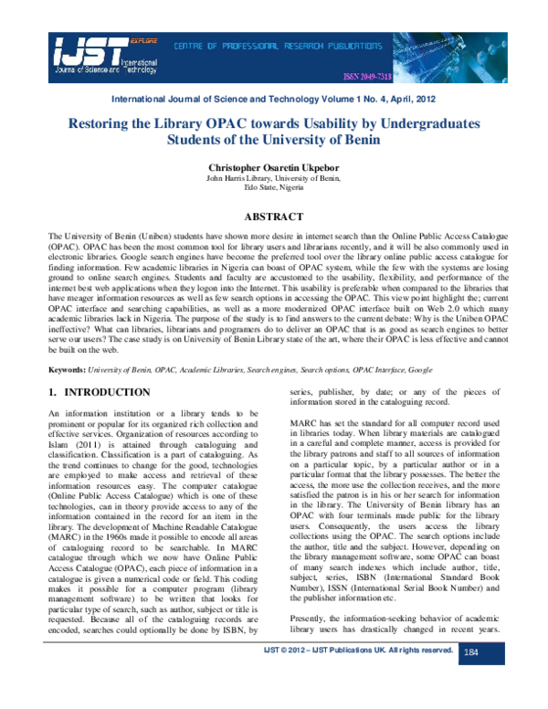 (PDF) Restoring the Library OPAC towards Usability by Undergraduates ...