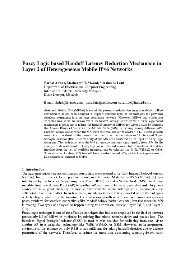 (PDF) Fuzzy Logic based Handoff Latency Reduction Mechanism in Layer 2 ...