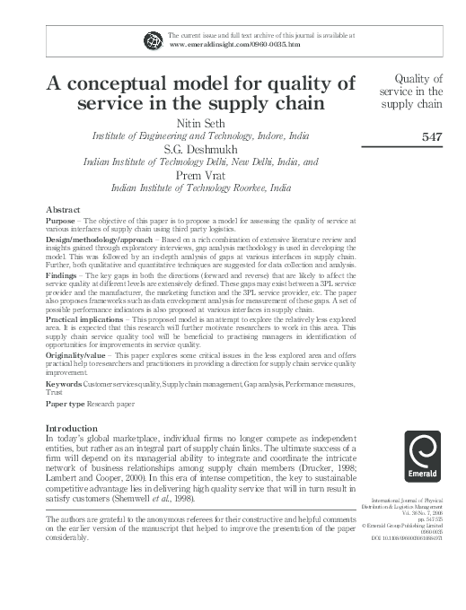 (PDF) A conceptual model for quality of service in the supply chain