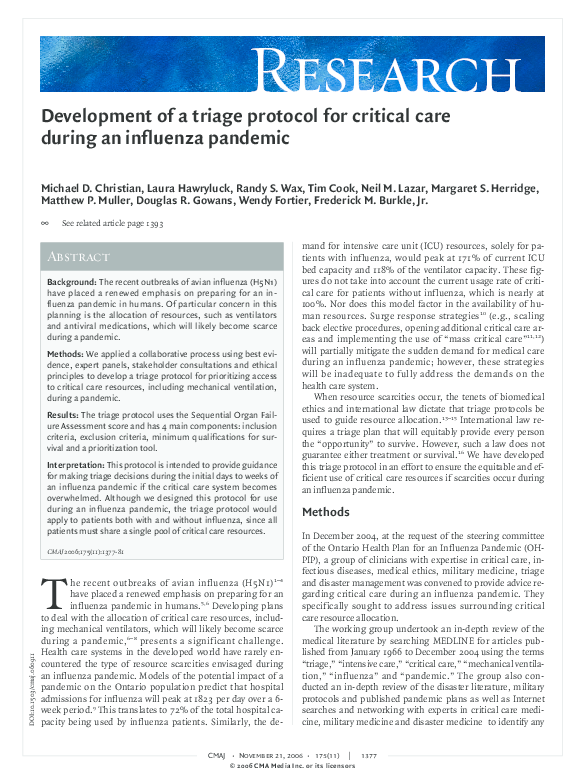 (PDF) Development of a triage protocol for critical care during an ...