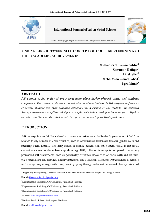 (PDF) FINDING LINK BETWEEN SELF CONCEPT OF COLLEGE STUDENTS AND THEIR ...