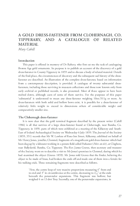 PDF) A gold dress-fastener from Clohernagh, Co Tipperary and a catalogue of  related material
