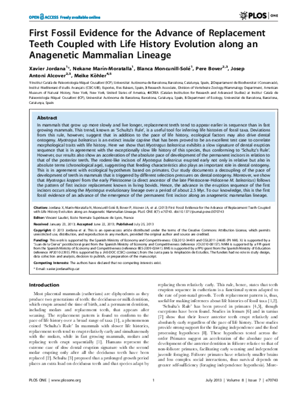 (PDF) First Fossil Evidence for the Advance of Replacement Teeth Coupled with Life History