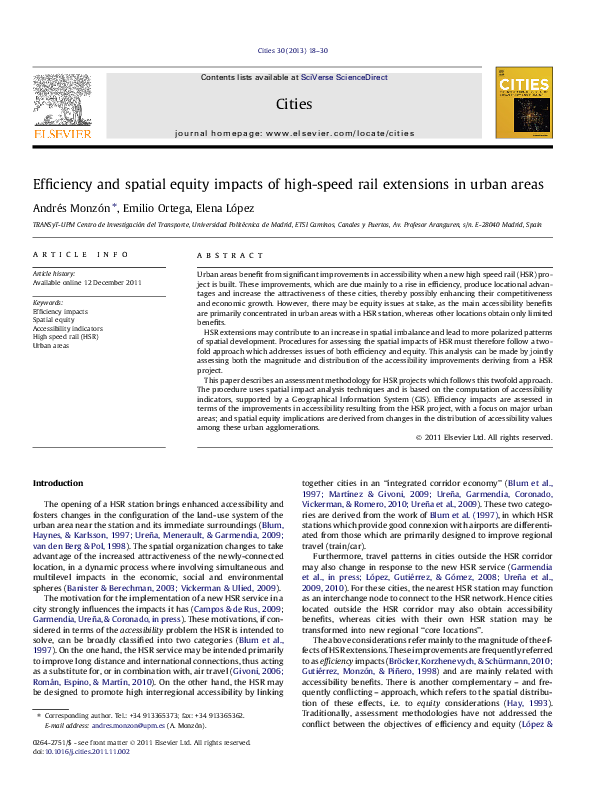 (PDF) Efﬁciency and spatial equity impacts of high-speed rail ...