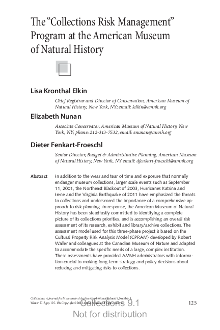 (PDF) The Collections Risk Management Program at the American Museum of ...