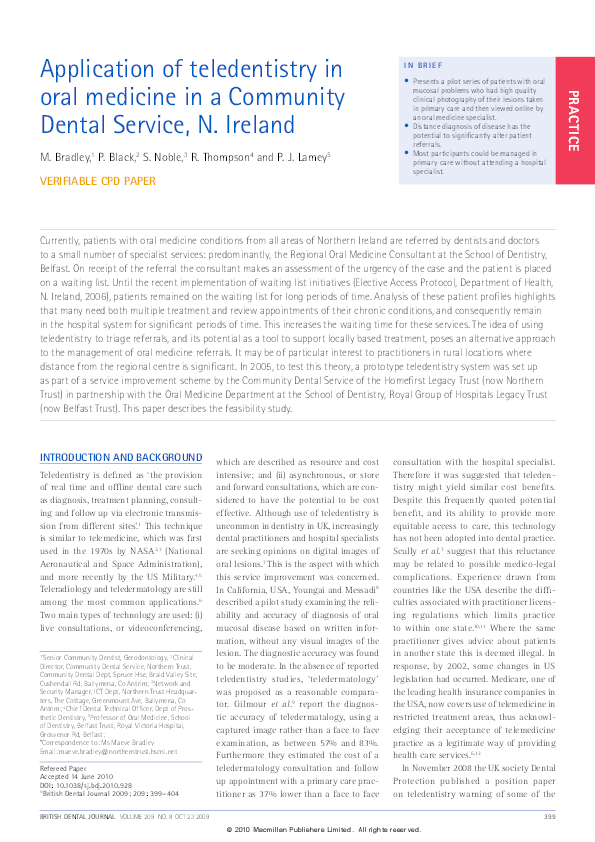 (PDF) Application of teledentistry in oral medicine in a Community
