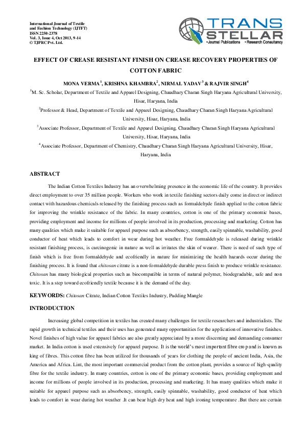 (PDF) Effect of Crease Resistant Finish on Crease Recovery Properties