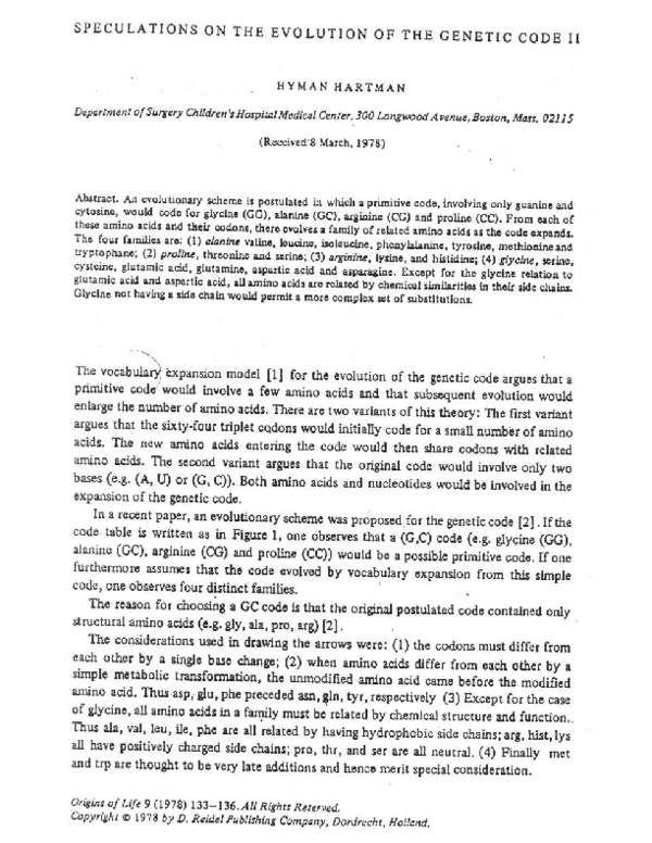 (PDF) Speculations on the evolution of the genetic code II