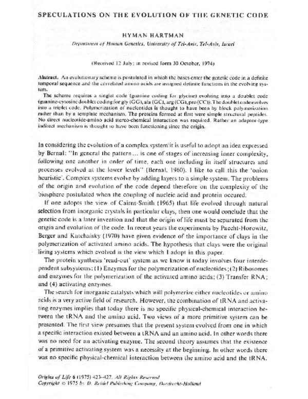 (PDF) Speculations on the evolution of the genetic code