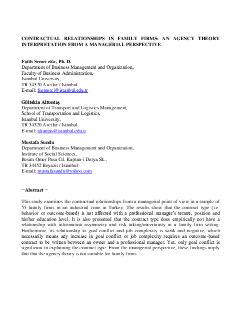 Contractual relationships in family firms: An agency theory interpretation from a managerial perspective