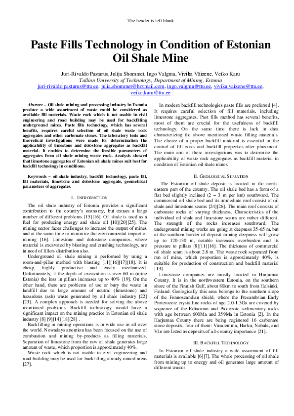 (PDF) Paste fills technology in condition of Estonian oil shale mine