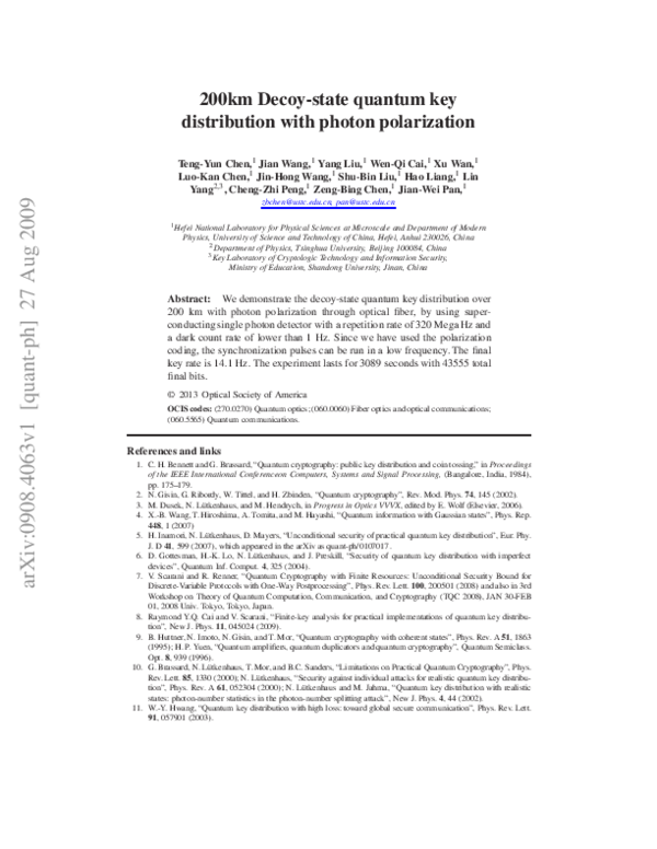 (PDF) 200km Decoy-state quantum key distribution with photon polarization