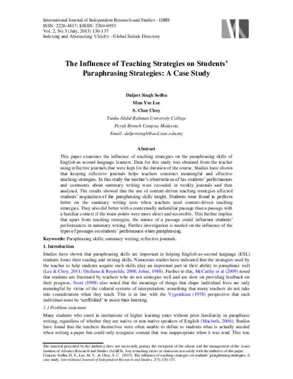 (PDF) THE INFLUENCE OF TEACHING STRATEGIES ON STUDENTS' PARAPHRASING ...