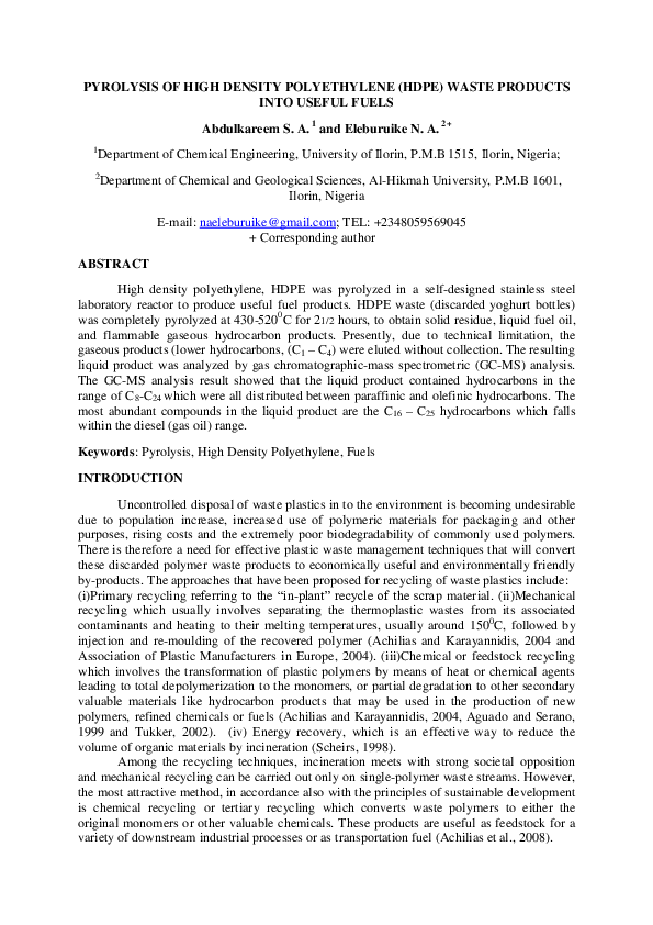 (PDF) PYROLYSIS OF HIGH DENSITY POLYETHYLENE (HDPE) WASTE PRODUCTS INTO ...