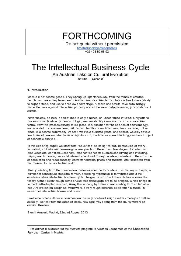 First page of “2013-08-22 - Release Note (forthcoming) The Intellectual Business Cycle. An Austrian Take on Cultural Evolution”