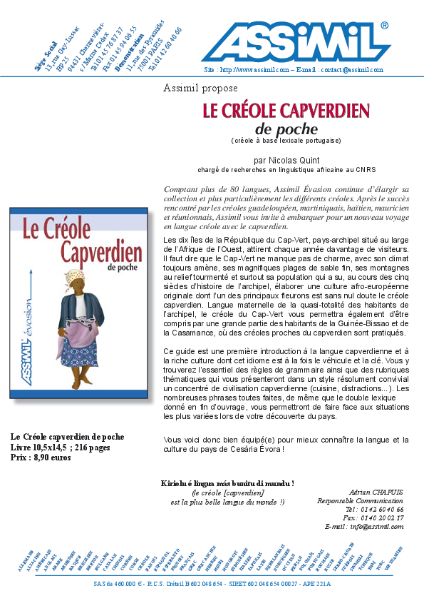 First page of “Le Créole Capverdien de poche”