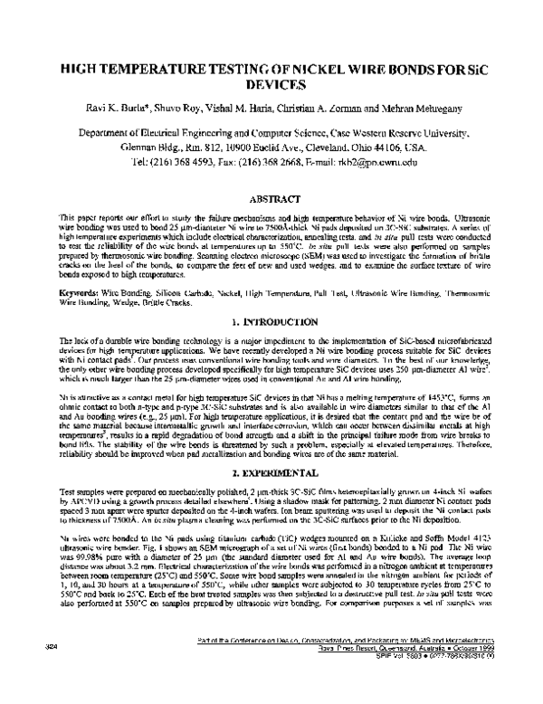 (PDF) HIGH TEMPERATURE TESTING OF NICKEL WIRE BONDS FOR SiC DEVICES